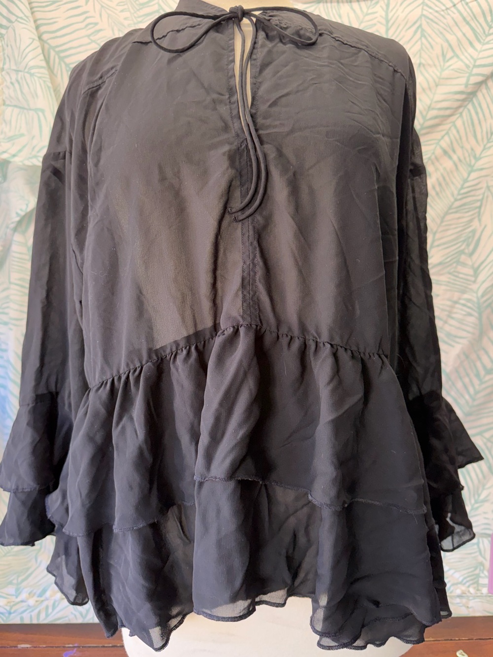 H&M Black Tiered Ruffle Tie-Neck Chiffon Tunic